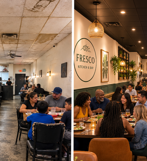Split image of two different restaurants. Left side is an grungy, dirty restaurant, right side is a beautiful, branded restaurant.